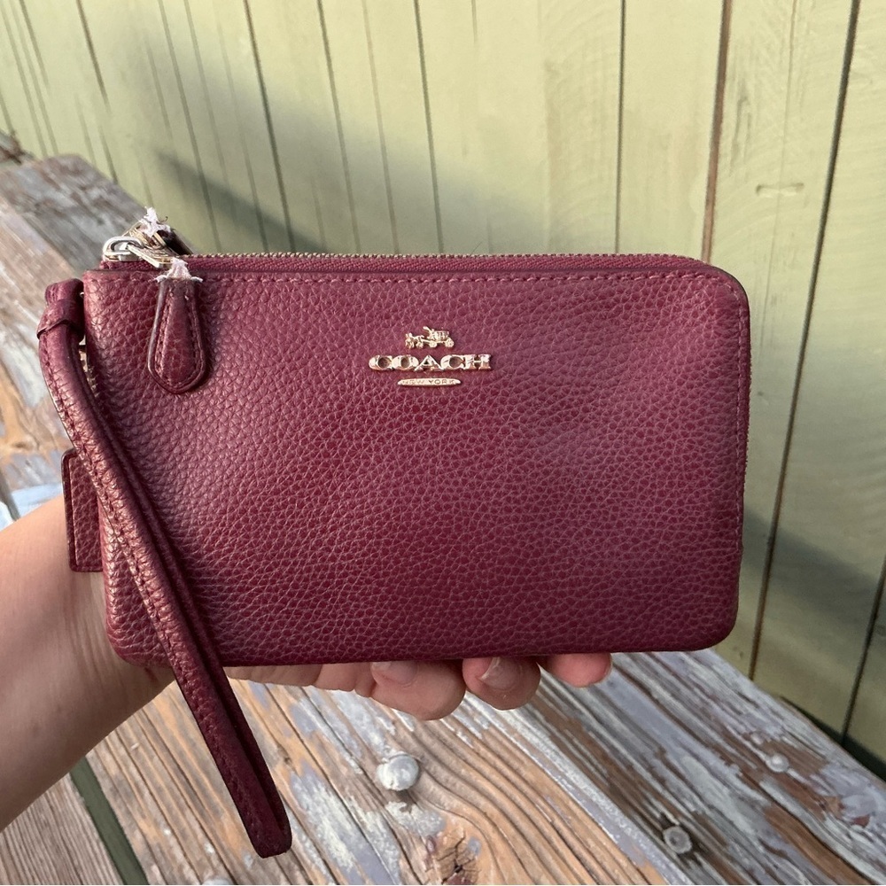 Coach Pebble Maroon Leather Zip Top Cherry Red Wristlet